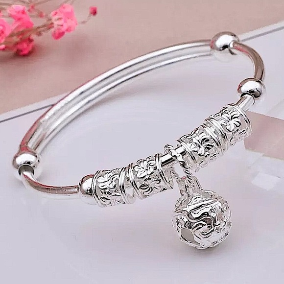 Ball Drop Sterling Silver Adjustable Bangle Bracelet - Picture 2 of 13